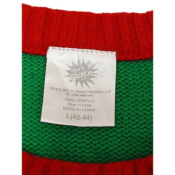 Dr. Seuss The Grinch Ugly Christmas Sweater Men's Size L 42-44 Green Long Sleeve - Picture 9 of 11